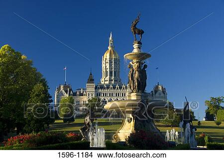 Picture - Fountain in front of a government building, State Capitol Building, Corning Fountain, Bushnell Park, Hartford, Connecticut, USA. Fotosearch