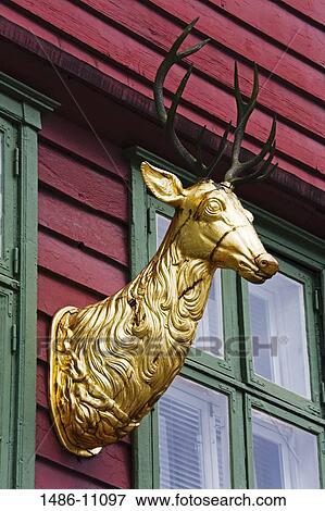 Golden sculpture of a deer on a building, Historic Bryggen District, Bergen, Norway View Large Photo Image Stock Photo - Golden sculpture of a deer on a building, Historic Bryggen District, Bergen, Norway. Fotosearch