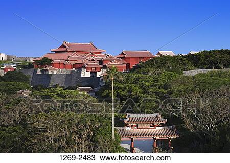 Stock Image - High angle view of a gate of a castle, Shurei-Mon Gate, Shuri Castle, Naha, Okinawa Prefecture, Japan. Fotosearch