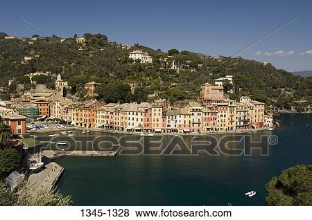 High angle view of buildings in a town, Portofino, Liguria, Italy View Large Photo Image Stock Photo - High angle view of buildings in a town, Portofino, Liguria, Italy. Fotosearch