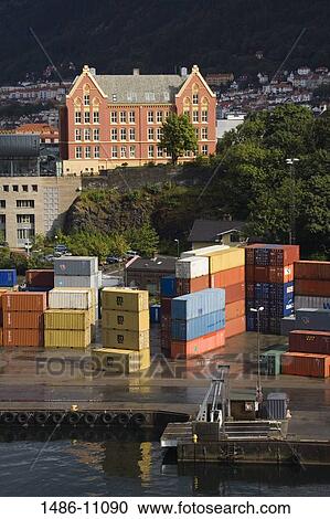 Stock Image - High angle view of cargo containers on a commercial dock, Bergen, Norway. Fotosearch