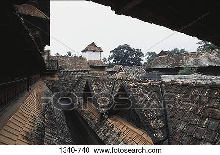 Stock Image - High angle view of roofs of a palace, Padmanabhapuram Palace, Padmanabhapuram, Tamil Nadu, India. Fotosearch