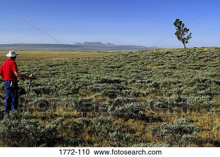 Stock Image - Hiker standing in a field, Red Desert, Wyoming, USA. Fotosearch