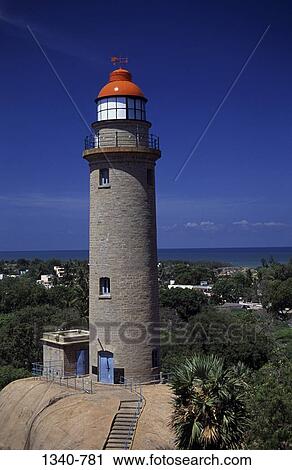 Stock Image - Lighthouse at the seaside, Mahabalipuram, Tamil Nadu, India. Fotosearch