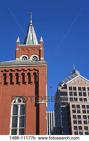 Stock Image - Low angle view of a church, St. Mary's Catholic Church, Washington Square, Rochester, New York State, USA. Fotosearch