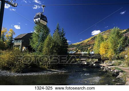 Stock Photography - Low angle view of an overhead cable car over a river, San Miguel River, Telluride, Colorado, USA. Fotosearch