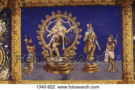 Stock Image - Mural on the ceiling of a temple, Konerirajapuram Temple, Kumbakonam, Tamil Nadu, India. Fotosearch