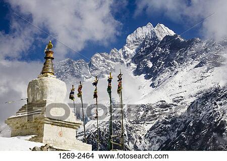 Picture - Pagoda in a mountain range, Thamserku, Sagarmatha National Park, Khumbu, Nepal. Fotosearch