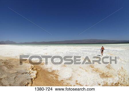 Rear view of a man walking on a salt flat near a lake, Djibouti View Large Photo Image Picture - Rear view of a man walking on a salt flat near a lake, Djibouti. Fotosearch
