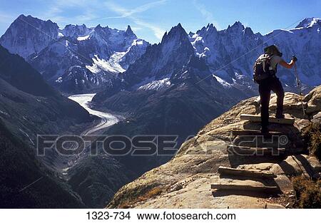 Rear view of a person hiking on a mountain, Dent du Geant, Grandes Jorasses, Mont Blanc Massif, Mer de Glace, Chamonix, France View Large Photo Image Picture - Rear view of a person hiking on a mountain, Dent du Geant, Grandes Jorasses, Mont Blanc Massif, Mer de Glace, Chamonix, France. Fotosearch