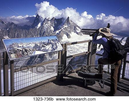 Rear view of a woman looking at mountains through a telescope, Dent du Geant, Grandes Jorasses, Mt Blanc, Chamonix, France View Large Photo Image Stock Image - Rear view of a woman looking at mountains through a telescope, Dent du Geant, Grandes Jorasses, Mt Blanc, Chamonix, France. Fotosearch