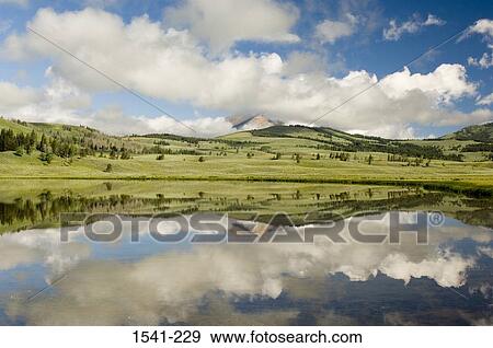 Reflection of clouds in water, Yellowstone National Park, Wyoming, USA View Large Photo Image Stock Photo - Reflection of clouds in water, Yellowstone National Park, Wyoming, USA. Fotosearch