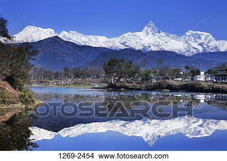 Reflection of mountains in a lake, Fewa Lake, Pokhara, Nepal View Large Photo Image Picture - Reflection of mountains in a lake, Fewa Lake, Pokhara, Nepal. Fotosearch