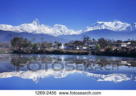 Reflection of mountains in a lake, Fewa Lake, Pokhara, Nepal View Large Photo Image Stock Photography - Reflection of mountains in a lake, Fewa Lake, Pokhara, Nepal. Fotosearch