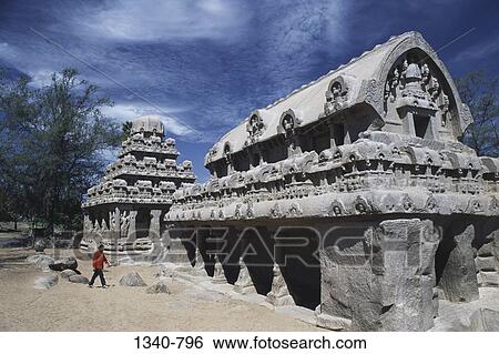Stock Photograph - Ruins of monolithic rock-cut shrines, Bhima Ratha, Dharmaraja Ratha, Mahabalipuram, Tamil Nadu, India. Fotosearch