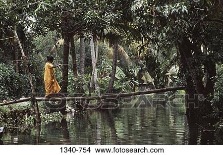 Side profile of a woman crossing a canal, Kerala, India View Large Photo Image Picture - Side profile of a woman crossing a canal, Kerala, India. Fotosearch