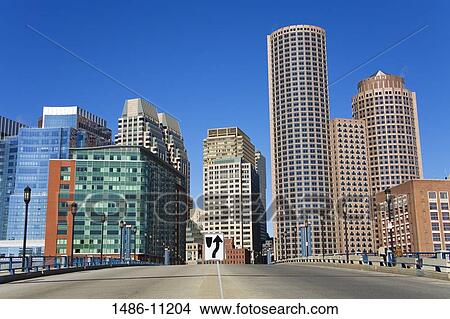 Picture - Skyscrapers in a city, Moakley Bridge, Fort Point Channel, Boston, Massachusetts, USA. Fotosearch