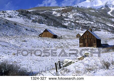 Wooden barns in a snow covered field, Telluride, Colorado, USA View Large Photo Image Stock Photo - Wooden barns in a snow covered field, Telluride, Colorado, USA. Fotosearch
