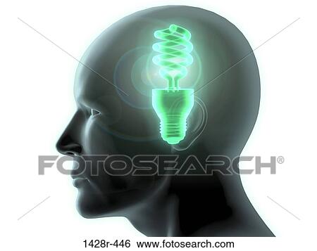Close-up of a man's head with a glowing CFL green light bulb inside View Large Photo Image Stock Photograph - Close-up of a man's head with a glowing CFL green light bulb inside. Fotosearch