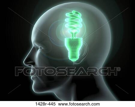 Close-up of a man's head with a glowing CFL green light bulb inside View Large Photo Image Stock Photography - Close-up of a man's head with a glowing CFL green light bulb inside. Fotosearch