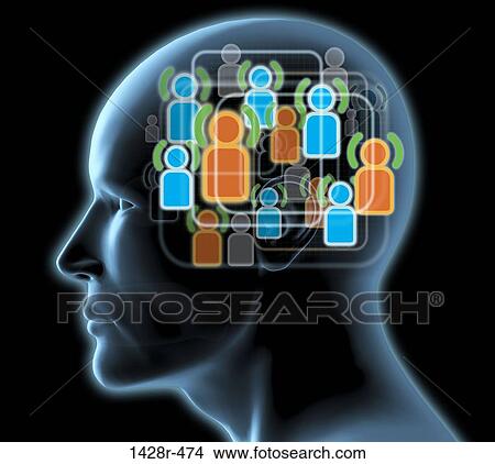 Close-up of a man's head with blue and orange friends icons inside View Large Photo Image Picture - Close-up of a man's head with blue and orange friends icons inside. Fotosearch