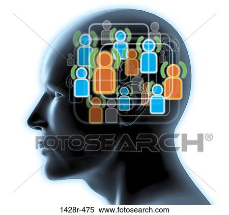 Close-up of a man's head with blue and orange friends icons inside View Large Photo Image Stock Photography - Close-up of a man's head with blue and orange friends icons inside. Fotosearch