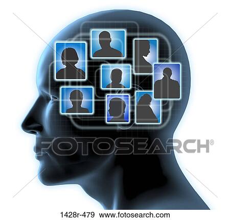 Close-up of a man's head with blue friends profiles inside View Large Photo Image Stock Photo - Close-up of a man's head with blue friends profiles inside. Fotosearch