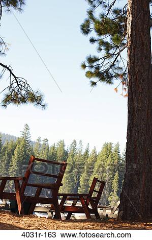 Stock Image - Empty chairs at the lakeside, Pinecrest Lake, Stanislaus National Forest, Tuolumne County, California, USA. Fotosearch