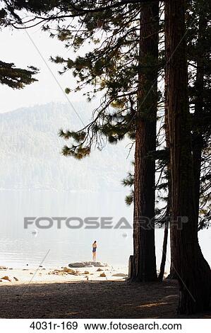 Stock Photo - Woman standing at the lakeside for bathing, Pinecrest Lake, Stanislaus National Forest, Tuolumne County, California, USA. Fotosearch