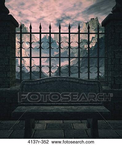 Stock Image - A bench outside gated mountains on a cobblestone paved street. Fotosearch