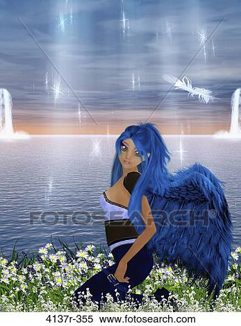 Stock Photography - Angel kneeling next to the water. Fotosearch