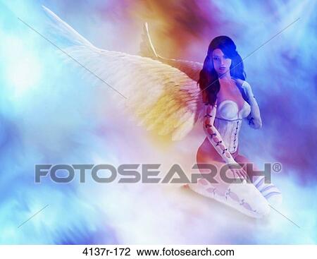 Stock Image - Angel sitting clouds looking down. Fotosearch
