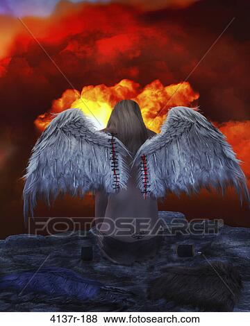 Stock Photo - Angel sitting on a ledge overlooking red clouds. Fotosearch