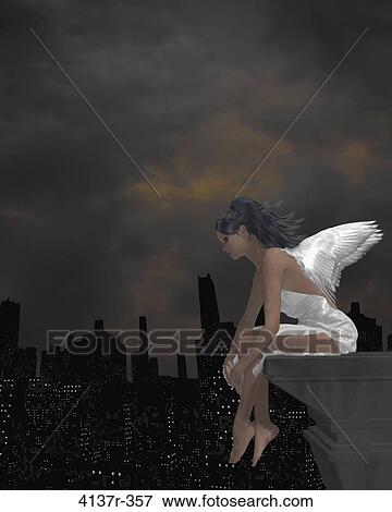 Angel sitting on a ledge overlooking the city View Large Photo Image Stock Photo - Angel sitting on a ledge overlooking the city. Fotosearch