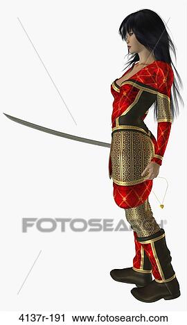 Stock Image - Asian woman standing holding a sword. Fotosearch