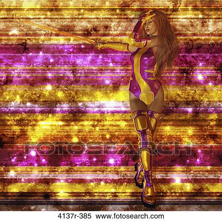 Stock Photography - Bold dark auburn haired science fiction woman warrior with golden and fushia pink sci fi outfit holding a sword. Fotosearch
