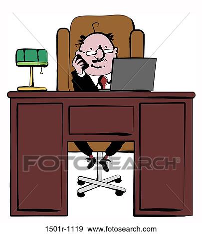 Business man sitting at desk and working at laptop and talking on mobile phone, illustration View Large Photo Image Stock Photo - Business man sitting at desk and working at laptop and talking on mobile phone, illustration. Fotosearch