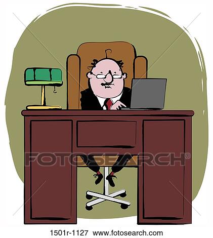 Business man sitting at desk and using laptop, illustration View Large Photo Image Stock Photo - Business man sitting at desk and using laptop, illustration. Fotosearch