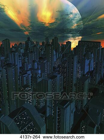 City with moon backdrop at nightime with skyscrappers View Large Photo Image Picture - City with moon backdrop at nightime with skyscrappers. Fotosearch