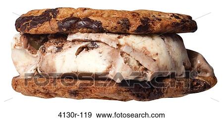 Stock Photo - Close up of ice cream sandwich with chocolate chip cookie. Fotosearch
