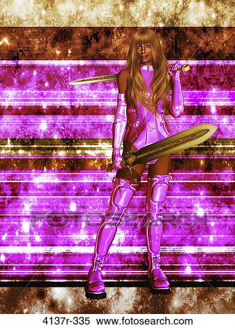 Confident dark rose haired science fiction woman warrior with baby pink sci fi outfit holding a sword View Large Photo Image Stock Photography - Confident dark rose haired science fiction woman warrior with baby pink sci fi outfit holding a sword. Fotosearch