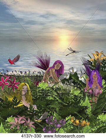 Fairies sitting and standing around flowers on the beach with bird and dragonfly View Large Photo Image Stock Image - Fairies sitting and standing around flowers on the beach with bird and dragonfly. Fotosearch