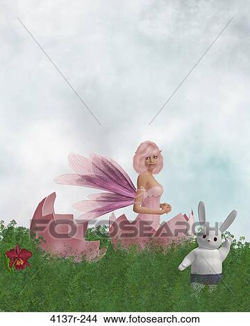 Fairy sitting in an cracked eggshell with a white rabbit waving View Large Photo Image Picture - Fairy sitting in an cracked eggshell with a white rabbit waving. Fotosearch