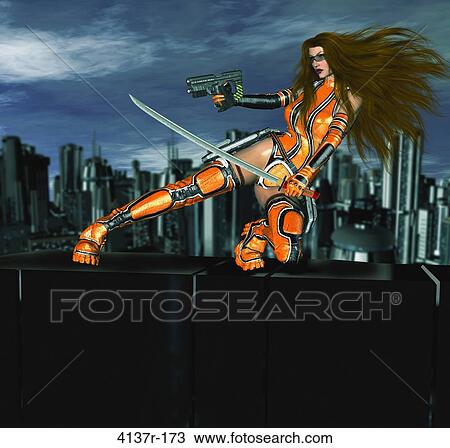 Stock Image - Female cyber girl with a gun and a sword on top of a ledge. Fotosearch