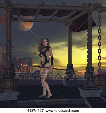 Female warrior standing on a stage with the sunset in the background View Large Photo Image Stock Photo - Female warrior standing on a stage with the sunset in the background. Fotosearch