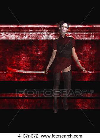 Stock Image - Geisha holding a katana sword dripping with red blood. Fotosearch