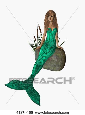 Stock Photography - Green mermaid sitting on a rock with cattails on a white background. Fotosearch