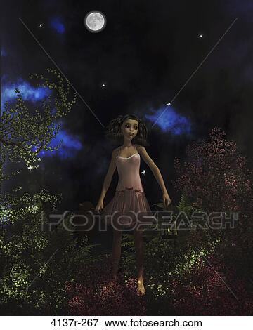 Stock Photo - Little girl lost in the forest, holding her teddy bear and latern.. Fotosearch