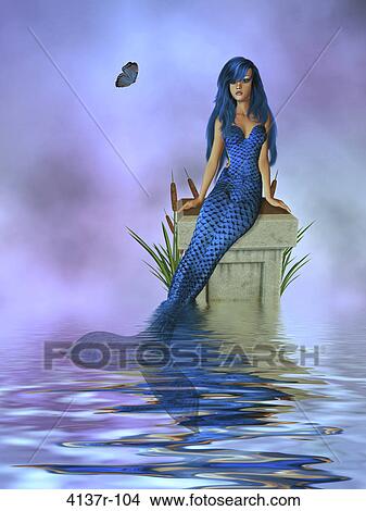 Mermaid sitting on a pedestal with cattails and butterfly View Large Photo Image Picture - Mermaid sitting on a pedestal with cattails and butterfly. Fotosearch