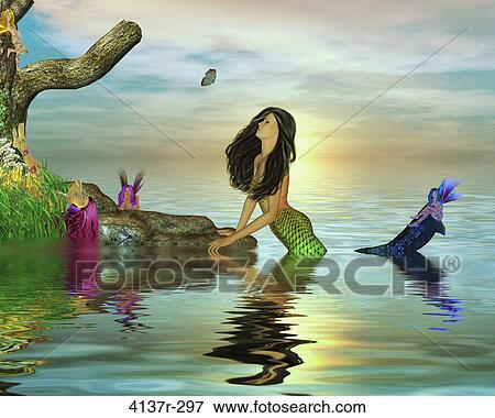 Mermaid surrounded by fairys in the ocean View Large Photo Image Stock Photo - Mermaid surrounded by fairys in the ocean. Fotosearch